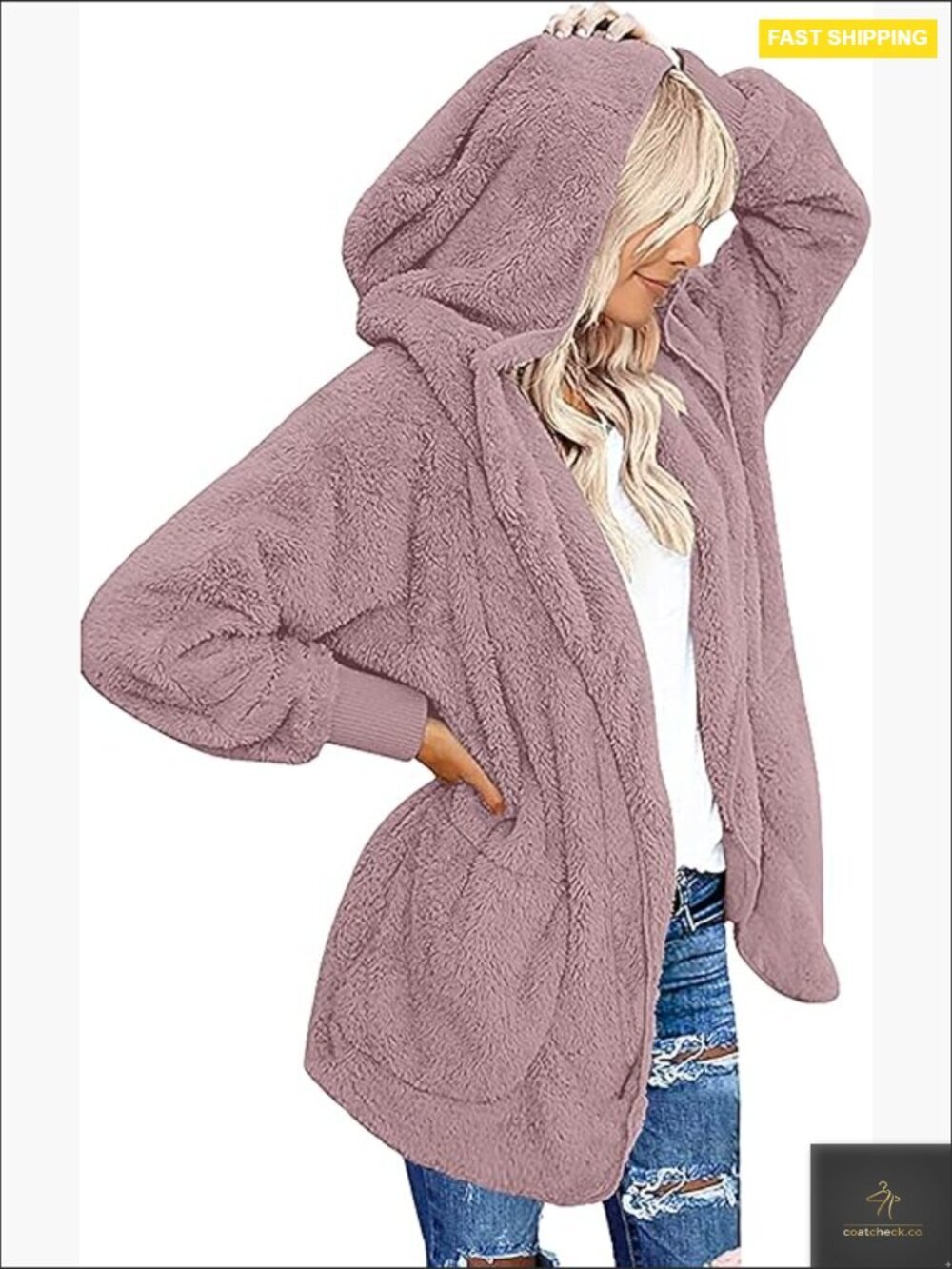 Fuzzy Hooded Cardigan Open Front Sherpa Coat with Pockets Oversized